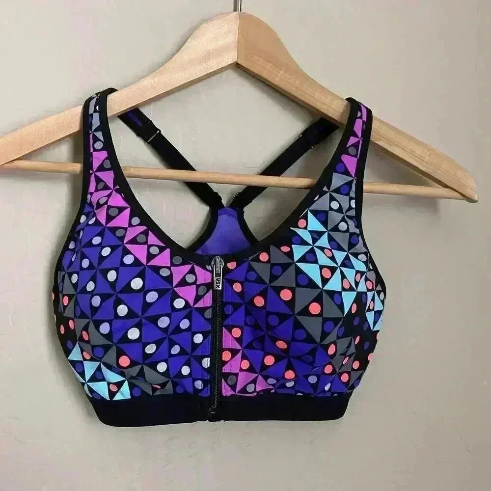 Victorias Secret VS VSX Knockout Front Close Sports Bra 32C Purple‎ Blue Print
